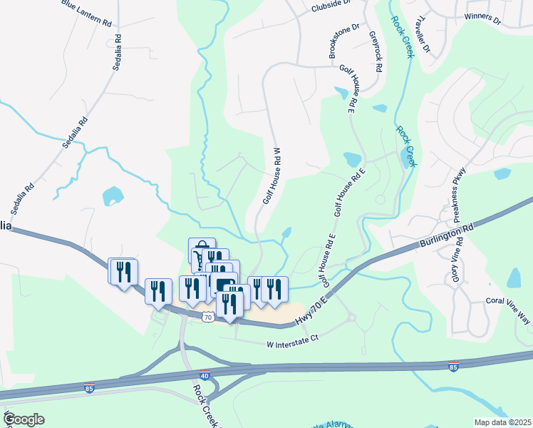 map of restaurants, bars, coffee shops, grocery stores, and more near 928 Golf House Road West in Whitsett