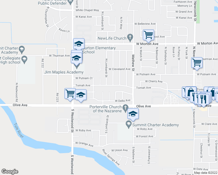 map of restaurants, bars, coffee shops, grocery stores, and more near 2151 Tomah Avenue in Porterville