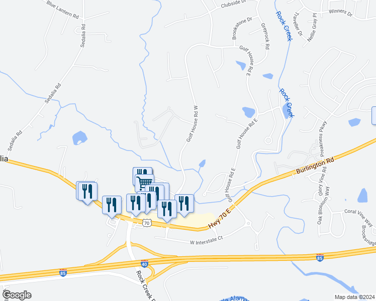 map of restaurants, bars, coffee shops, grocery stores, and more near 928 Golf House Road West in Whitsett