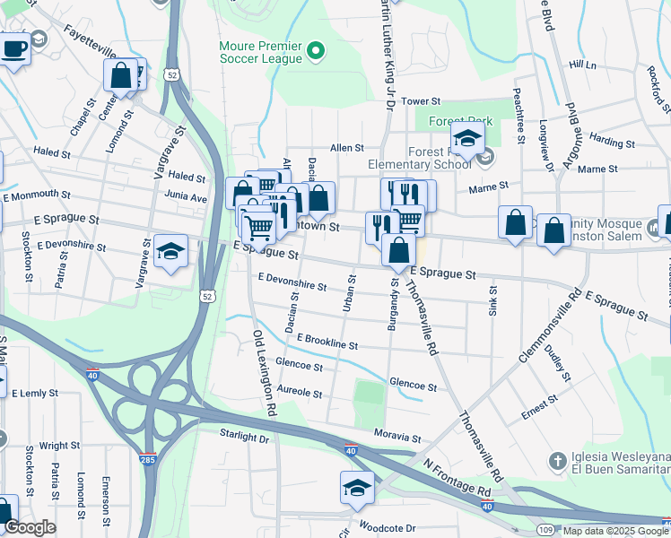 map of restaurants, bars, coffee shops, grocery stores, and more near 736 East Sprague Street in Winston-Salem