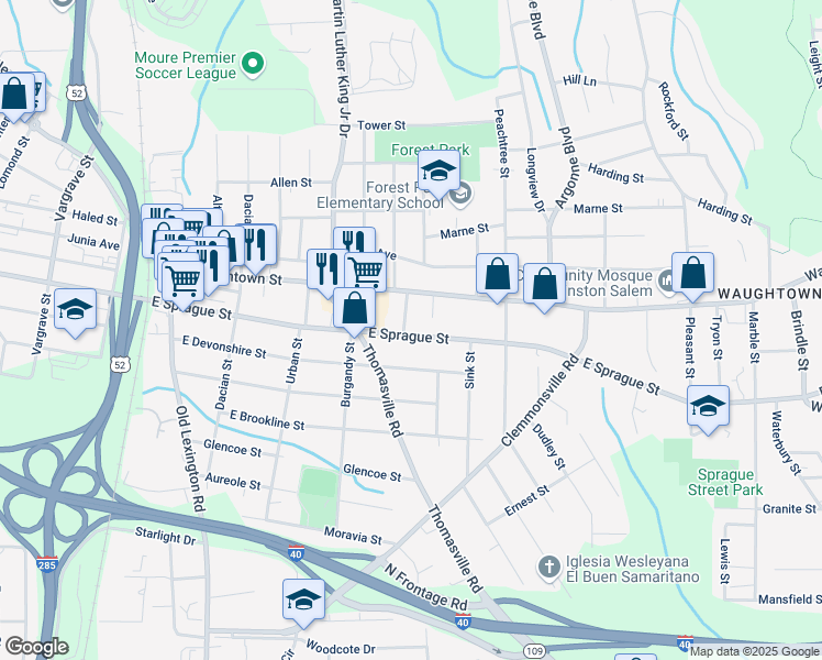 map of restaurants, bars, coffee shops, grocery stores, and more near 1020 East Sprague Street in Winston-Salem