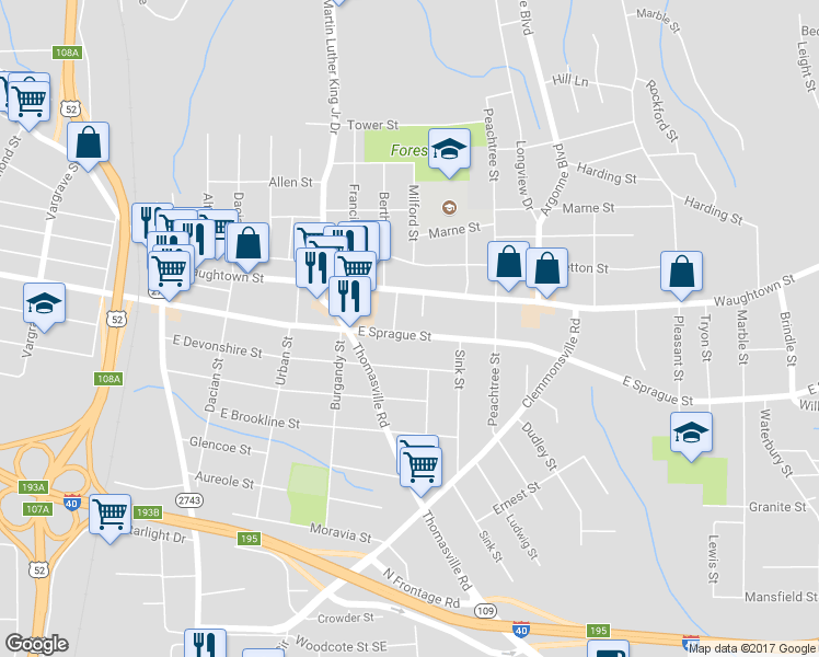 map of restaurants, bars, coffee shops, grocery stores, and more near 1015 East Sprague Street in Winston-Salem