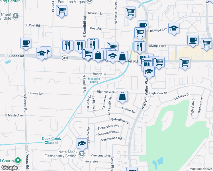 map of restaurants, bars, coffee shops, grocery stores, and more near 3155 High View Drive in Henderson