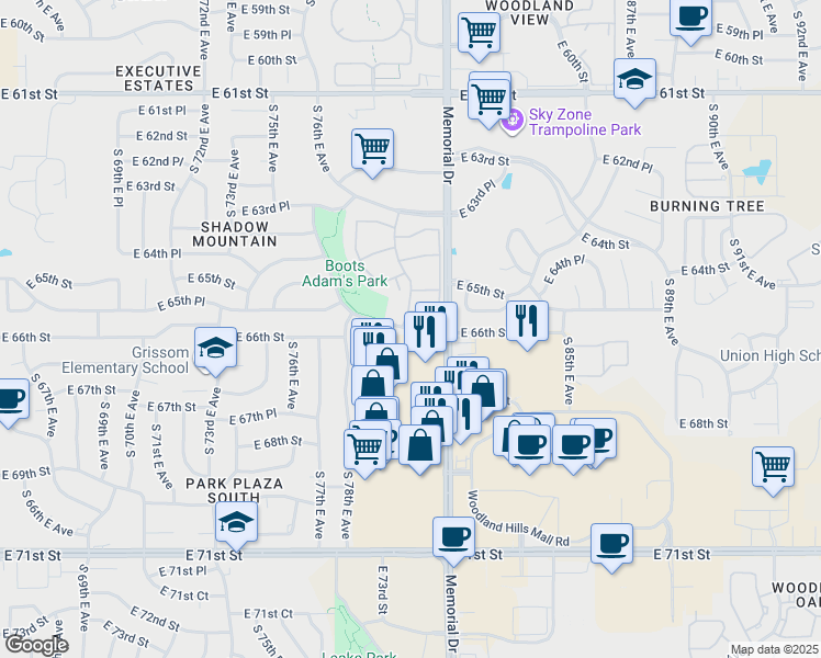 map of restaurants, bars, coffee shops, grocery stores, and more near 7854 East 66th Street in Tulsa