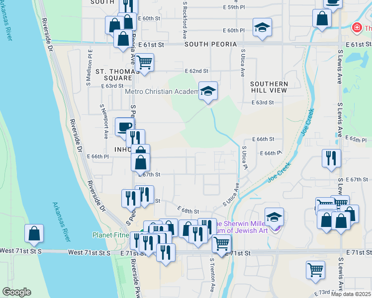 map of restaurants, bars, coffee shops, grocery stores, and more near 6601 South Rockford Avenue in Tulsa