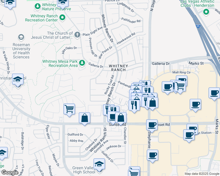 map of restaurants, bars, coffee shops, grocery stores, and more near 1473 Harmony Hill Drive in Henderson