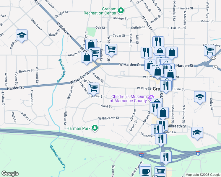 map of restaurants, bars, coffee shops, grocery stores, and more near 437 Banks Street in Graham