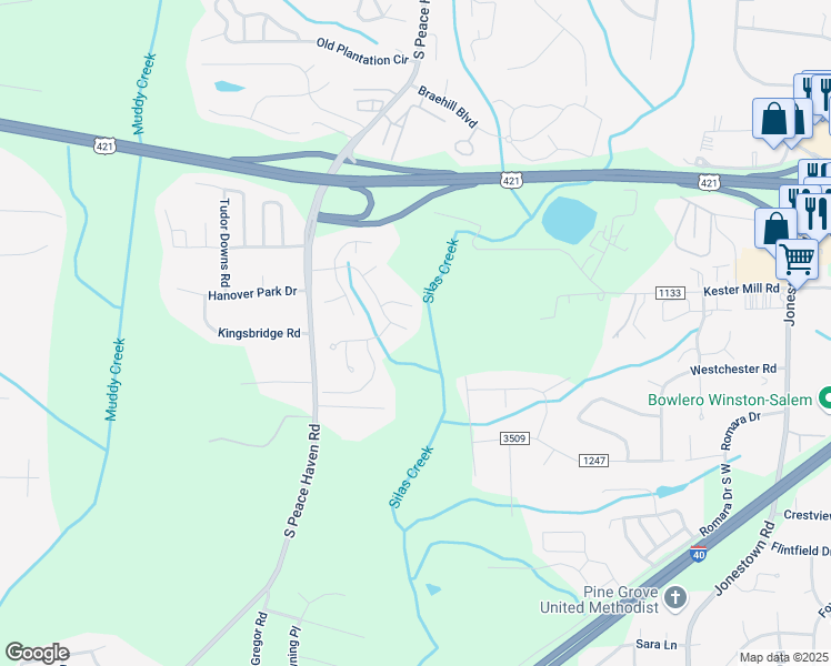 map of restaurants, bars, coffee shops, grocery stores, and more near 5300 Villas Drive in Winston-Salem