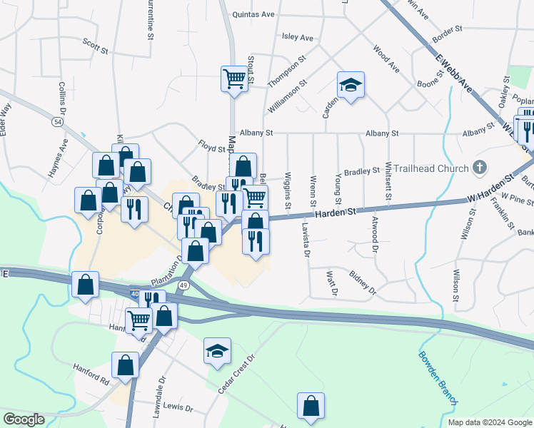 map of restaurants, bars, coffee shops, grocery stores, and more near 383 Harden Street in Burlington