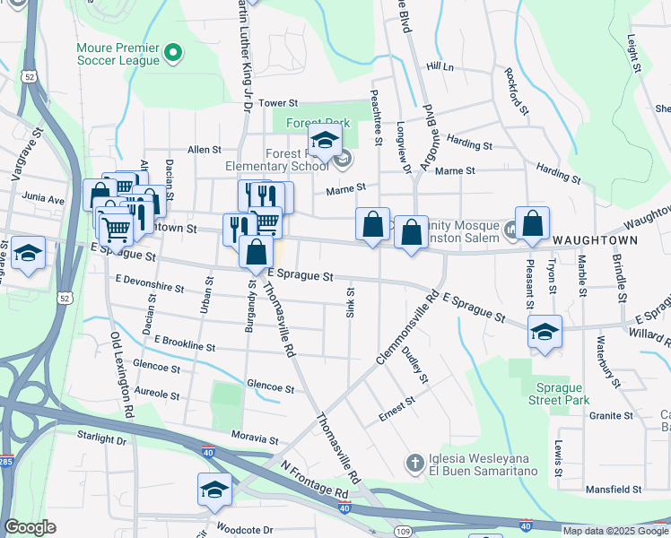 map of restaurants, bars, coffee shops, grocery stores, and more near 1027 East Sprague Street in Winston-Salem