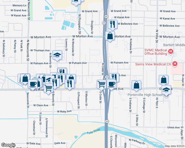 map of restaurants, bars, coffee shops, grocery stores, and more near 1094 Tomah Avenue in Porterville