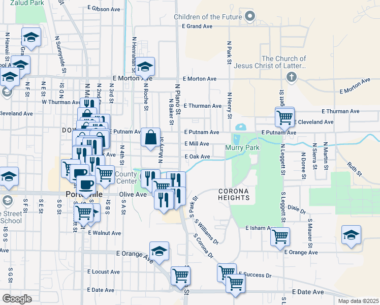 map of restaurants, bars, coffee shops, grocery stores, and more near 450 East Oak Avenue in Porterville