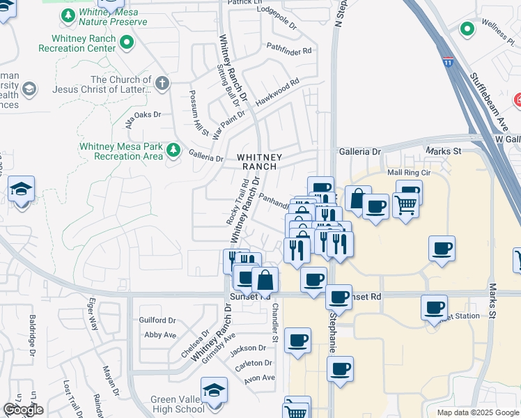 map of restaurants, bars, coffee shops, grocery stores, and more near 1464 Harmony Hill Drive in Henderson