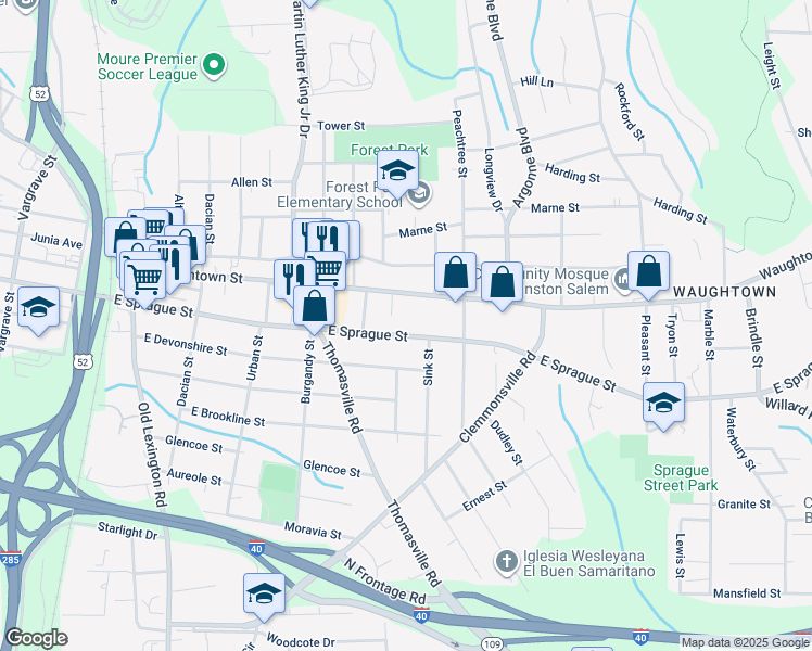 map of restaurants, bars, coffee shops, grocery stores, and more near 1025 East Sprague Street in Winston-Salem
