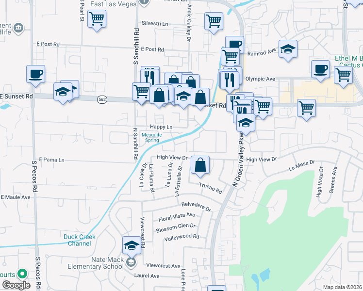 map of restaurants, bars, coffee shops, grocery stores, and more near 3111 Sunfish Drive in Henderson