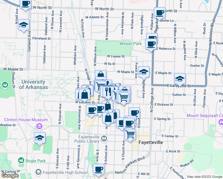 map of restaurants, bars, coffee shops, grocery stores, and more near 376 West Watson Street in Fayetteville