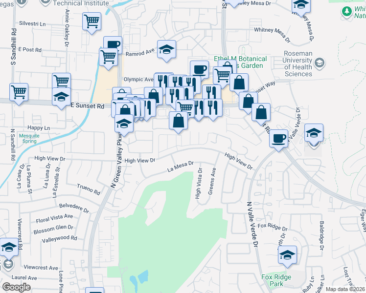 map of restaurants, bars, coffee shops, grocery stores, and more near 2823 High View Drive in Henderson