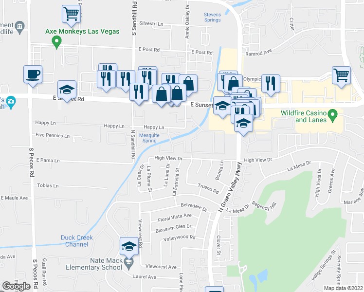map of restaurants, bars, coffee shops, grocery stores, and more near 3111 Sunfish Drive in Henderson