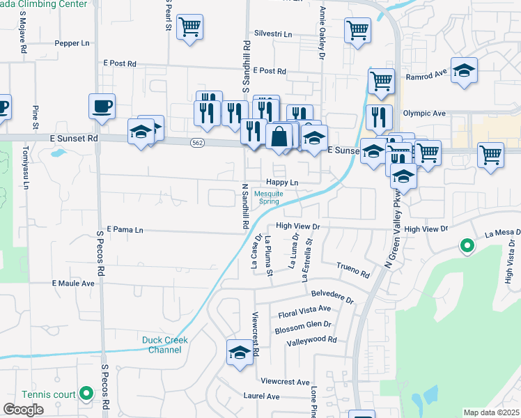 map of restaurants, bars, coffee shops, grocery stores, and more near 3167 High View Drive in Henderson