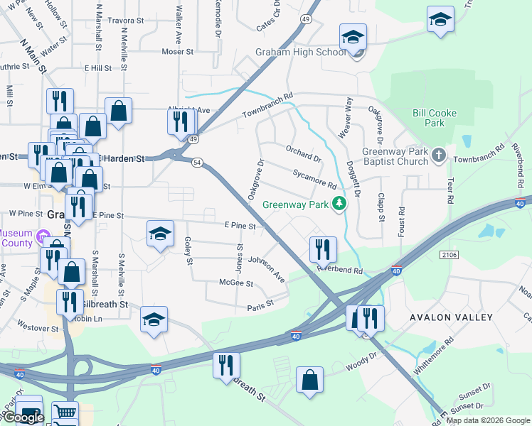 map of restaurants, bars, coffee shops, grocery stores, and more near 608 East Pine Street in Graham