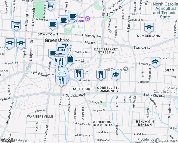 map of restaurants, bars, coffee shops, grocery stores, and more near 308 Victor Place in Greensboro