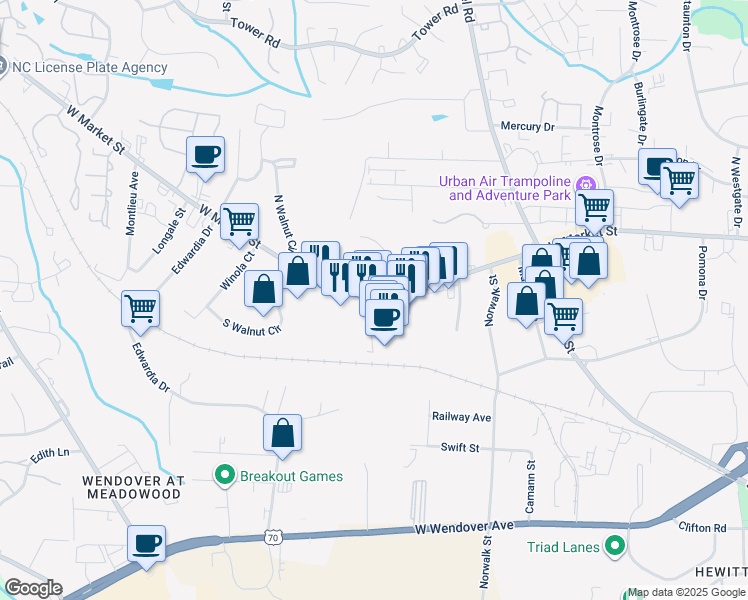 map of restaurants, bars, coffee shops, grocery stores, and more near 4929 West Market Street in Greensboro
