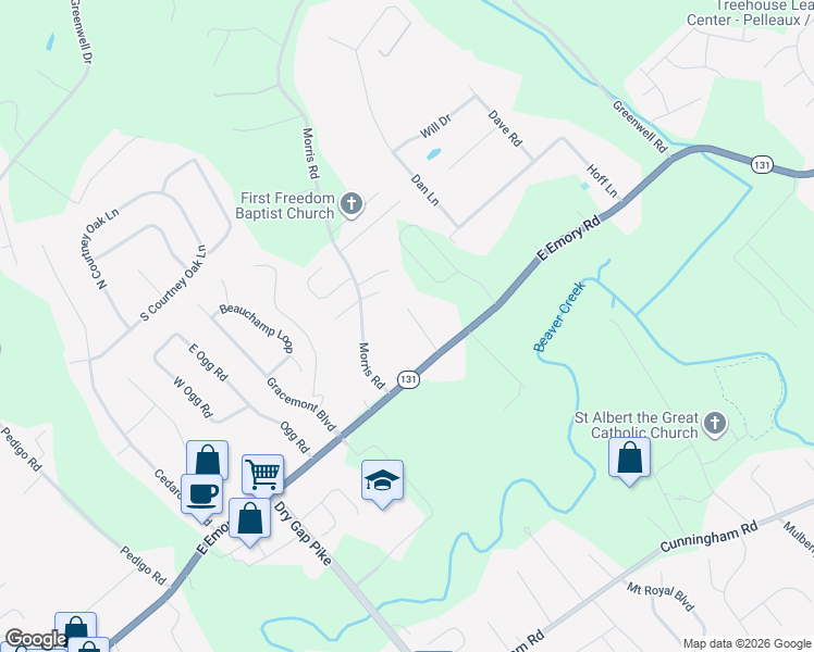map of restaurants, bars, coffee shops, grocery stores, and more near 7609 Fortner Lane in Knoxville