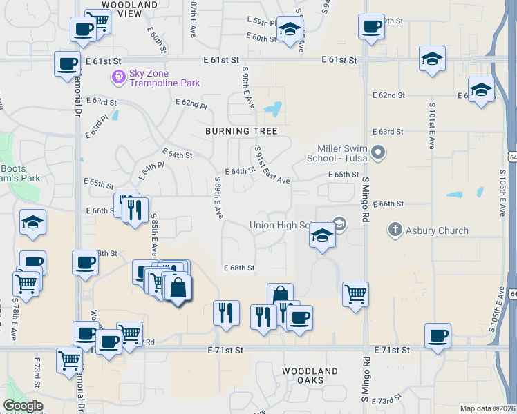 map of restaurants, bars, coffee shops, grocery stores, and more near 9106 East 66th Street in Tulsa