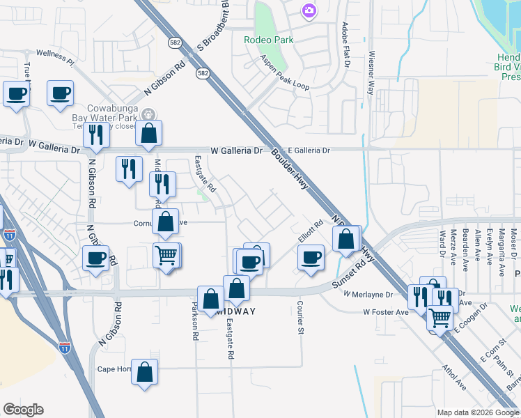 map of restaurants, bars, coffee shops, grocery stores, and more near 649 Ryan Peak Lane in Henderson