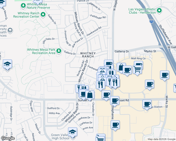 map of restaurants, bars, coffee shops, grocery stores, and more near 1464 Harmony Hill Drive in Henderson