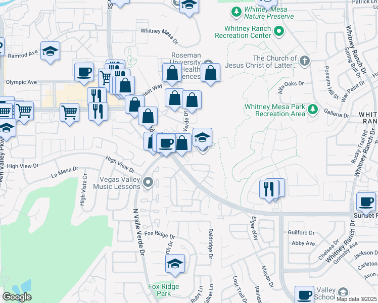 map of restaurants, bars, coffee shops, grocery stores, and more near 709 North Valle Verde Drive in Henderson