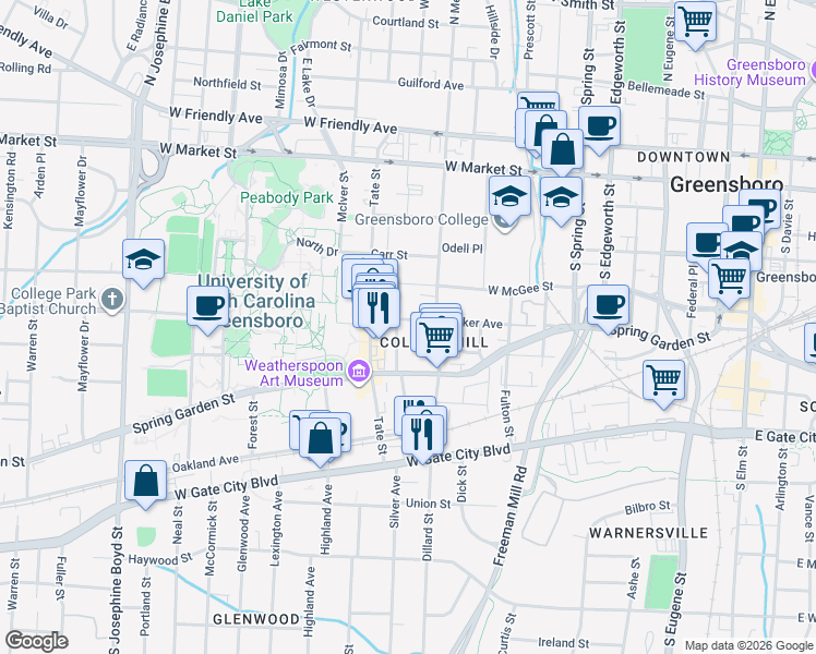 map of restaurants, bars, coffee shops, grocery stores, and more near 14 Springdale Court in Greensboro