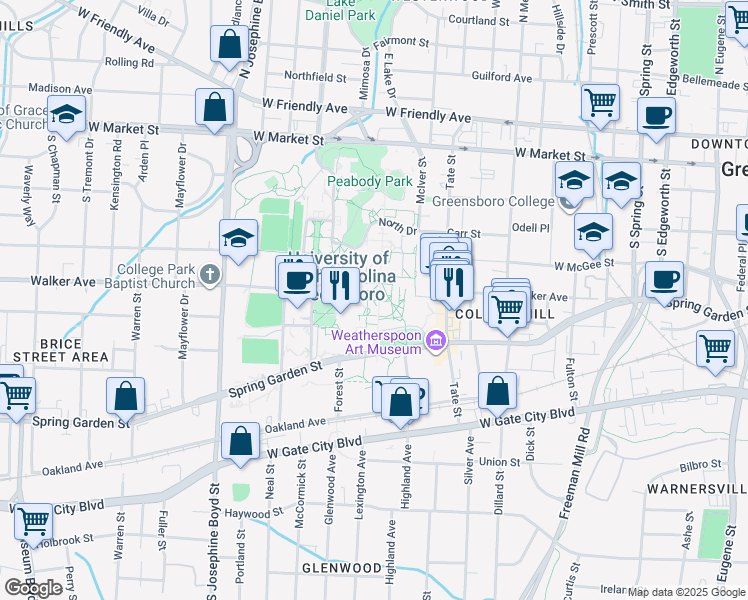 map of restaurants, bars, coffee shops, grocery stores, and more near in Greensboro