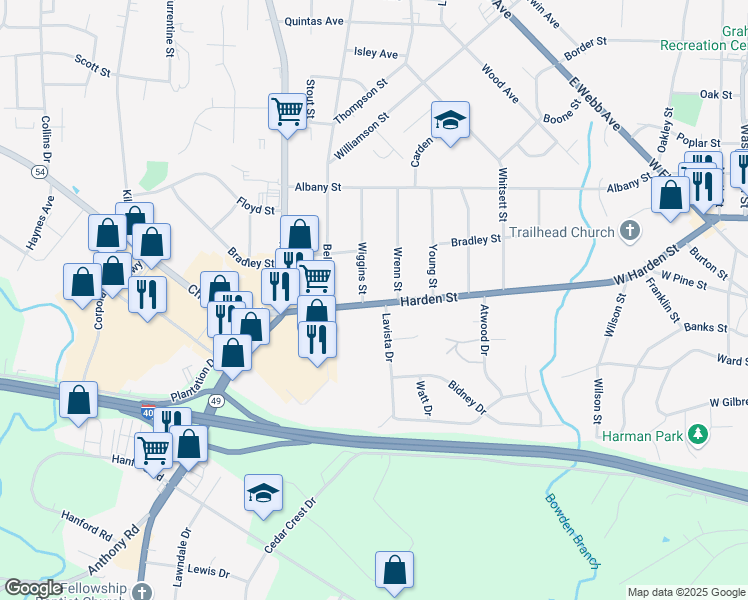 map of restaurants, bars, coffee shops, grocery stores, and more near 359 Harden Street in Burlington