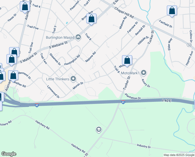 map of restaurants, bars, coffee shops, grocery stores, and more near 2424 Moran Street in Burlington