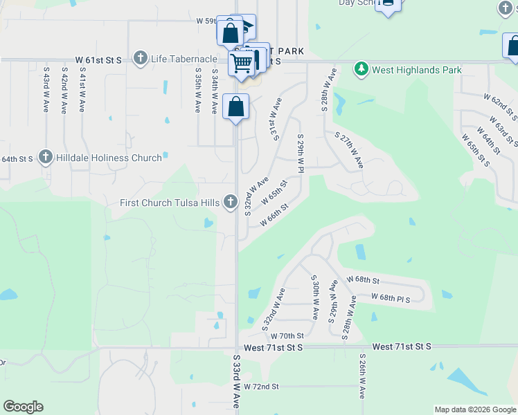 map of restaurants, bars, coffee shops, grocery stores, and more near 2995 West 66th Street in Tulsa