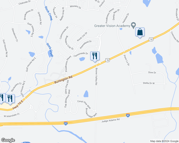 map of restaurants, bars, coffee shops, grocery stores, and more near 6494 Burlington Road in Whitsett