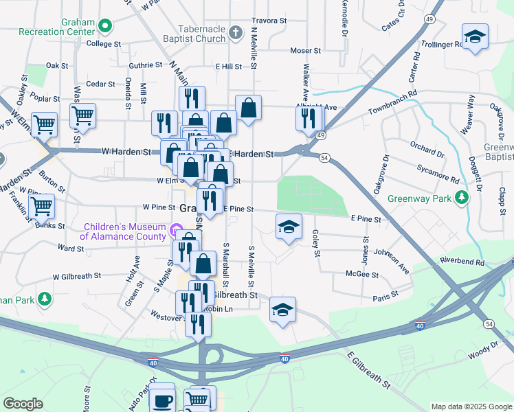 map of restaurants, bars, coffee shops, grocery stores, and more near 302 East Pine Street in Graham