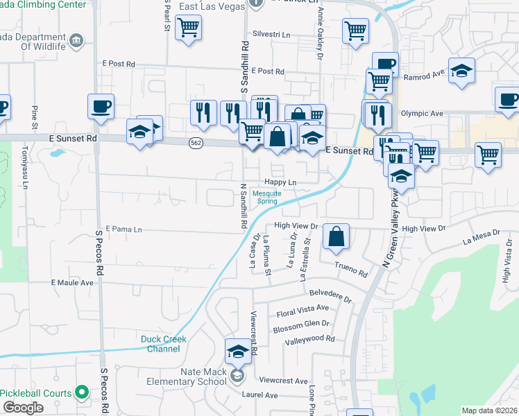map of restaurants, bars, coffee shops, grocery stores, and more near 3167 High View Drive in Henderson