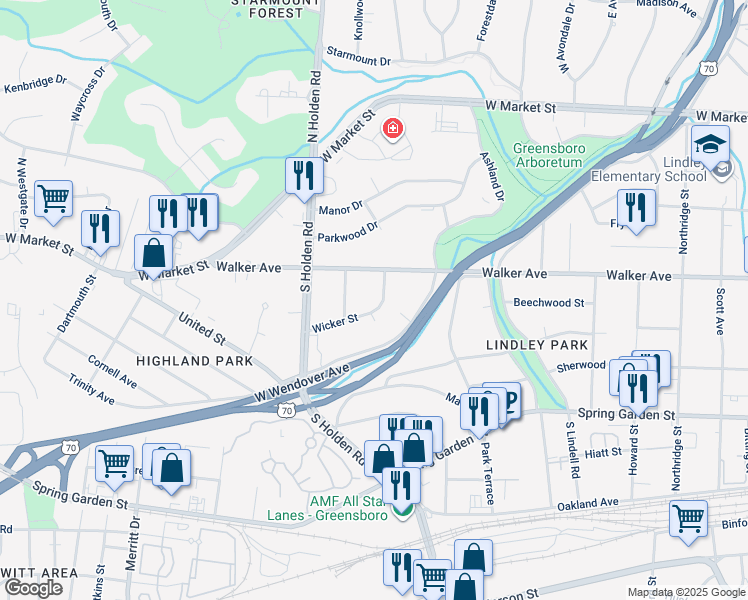 map of restaurants, bars, coffee shops, grocery stores, and more near 512 Wicker Street in Greensboro