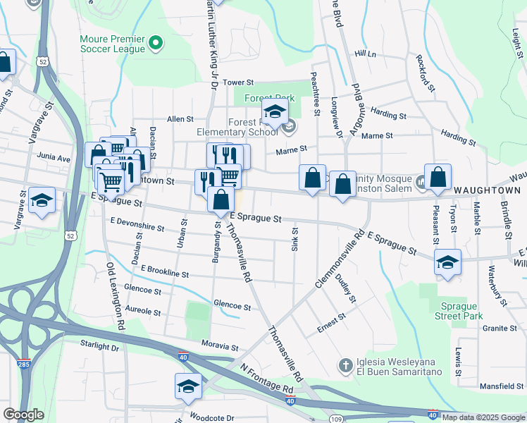 map of restaurants, bars, coffee shops, grocery stores, and more near 1015 East Sprague Street in Winston-Salem