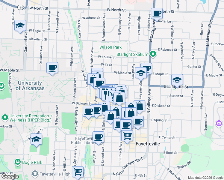 map of restaurants, bars, coffee shops, grocery stores, and more near in Fayetteville
