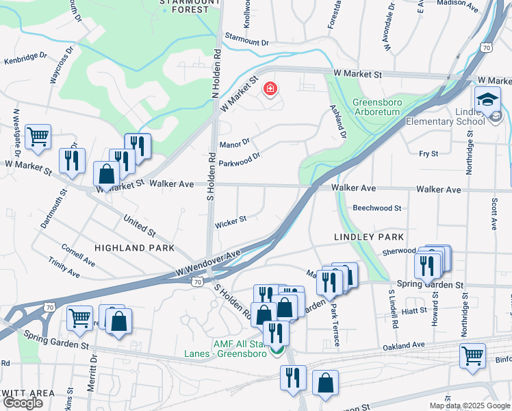 map of restaurants, bars, coffee shops, grocery stores, and more near 512 Wicker Street in Greensboro