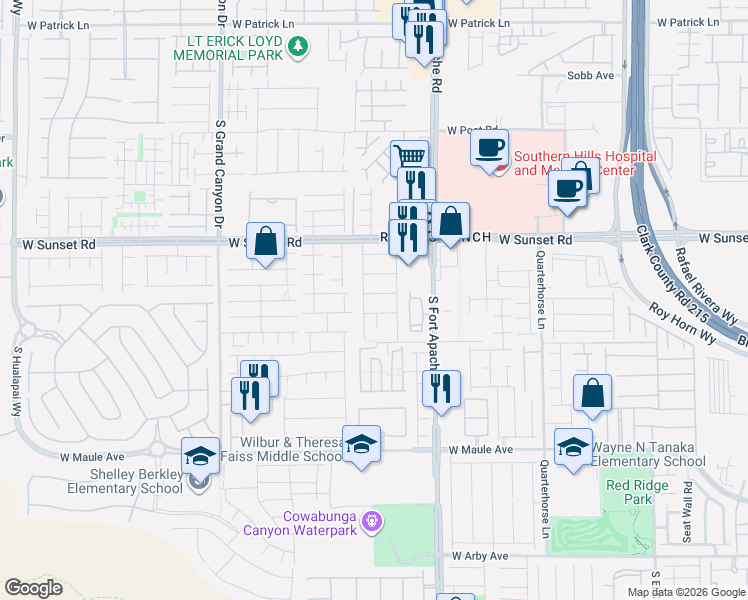 map of restaurants, bars, coffee shops, grocery stores, and more near 6653 South Sleepy Meadow Court in Las Vegas