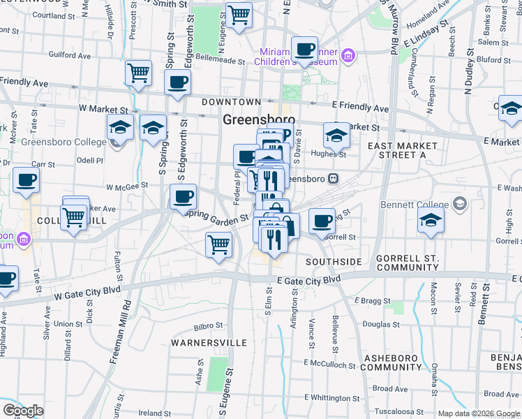 map of restaurants, bars, coffee shops, grocery stores, and more near 408 South Elm Street in Greensboro