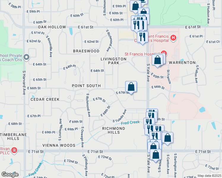 map of restaurants, bars, coffee shops, grocery stores, and more near 4521 South Toledo Avenue in Tulsa