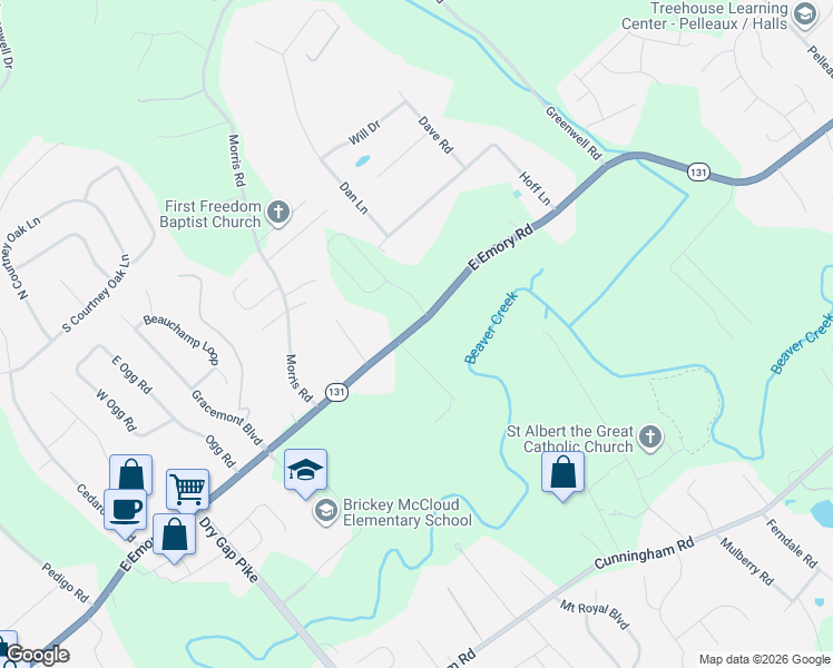 map of restaurants, bars, coffee shops, grocery stores, and more near 2124 East Emory Road in Knoxville