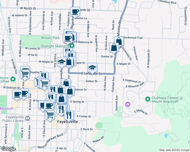 map of restaurants, bars, coffee shops, grocery stores, and more near 321 East Lafayette Street in Fayetteville