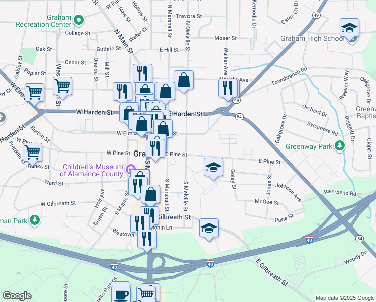 map of restaurants, bars, coffee shops, grocery stores, and more near 306 East Pine Street in Graham
