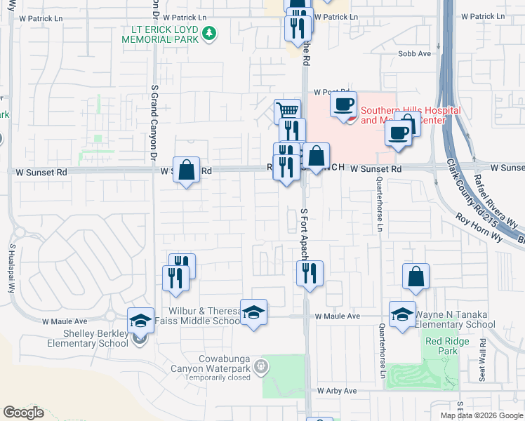 map of restaurants, bars, coffee shops, grocery stores, and more near 6653 South Sleepy Meadow Court in Las Vegas
